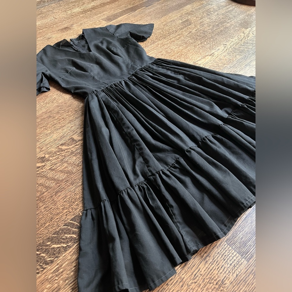 Handmade Cotton Swing Dress, Black Ruffled Fit and Flare Cottagecore Dress - Picture 2 of 10